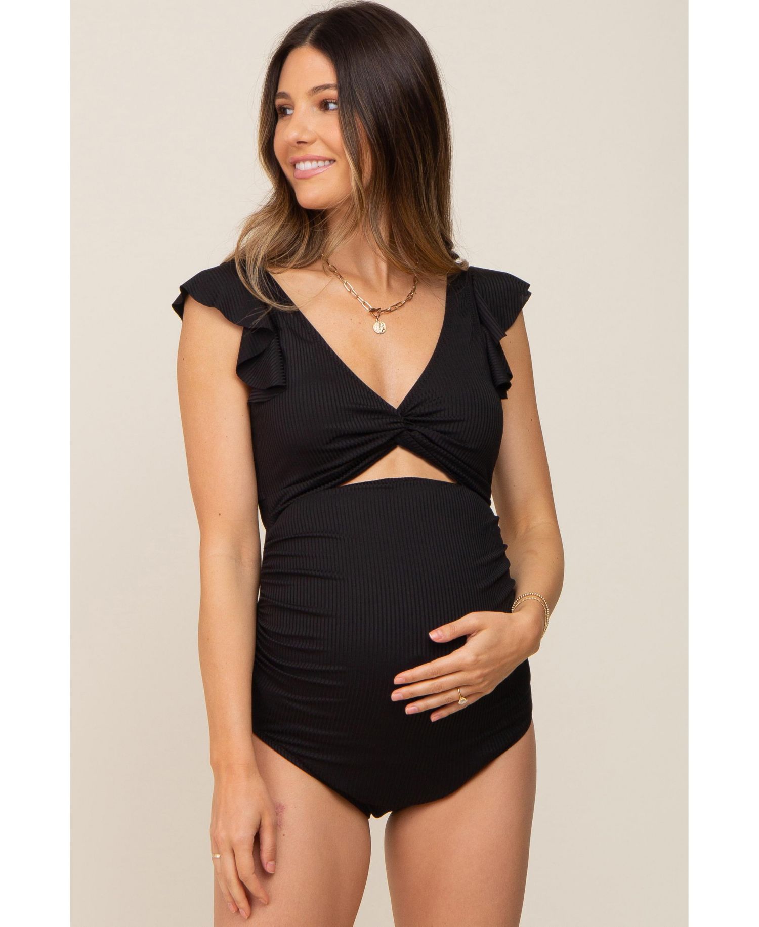 Women's Black Ribbed Cutout Flutter One Piece Swimsuit