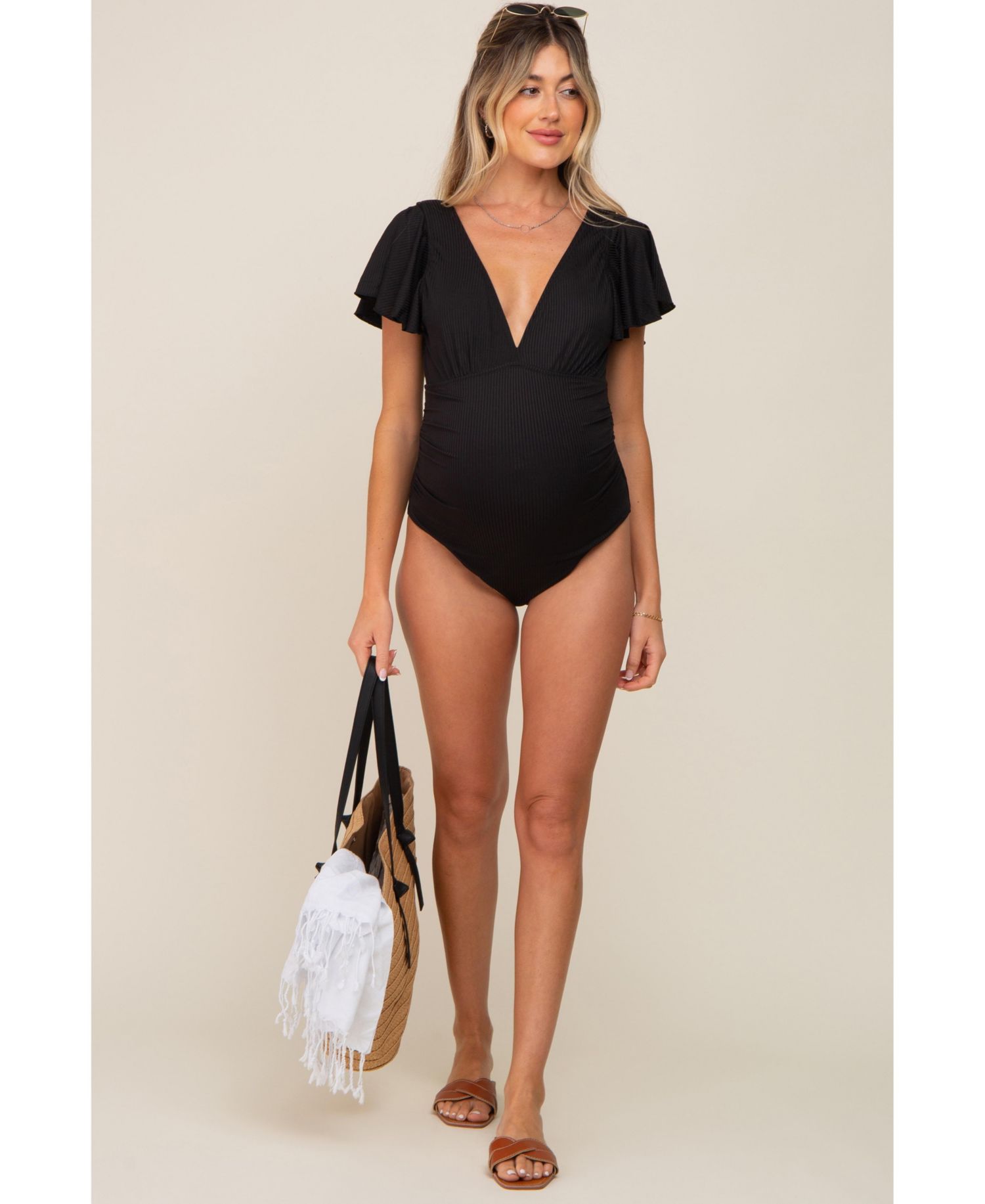 Women's Black Deep V-Neck Flounce One Piece Swimsuit
