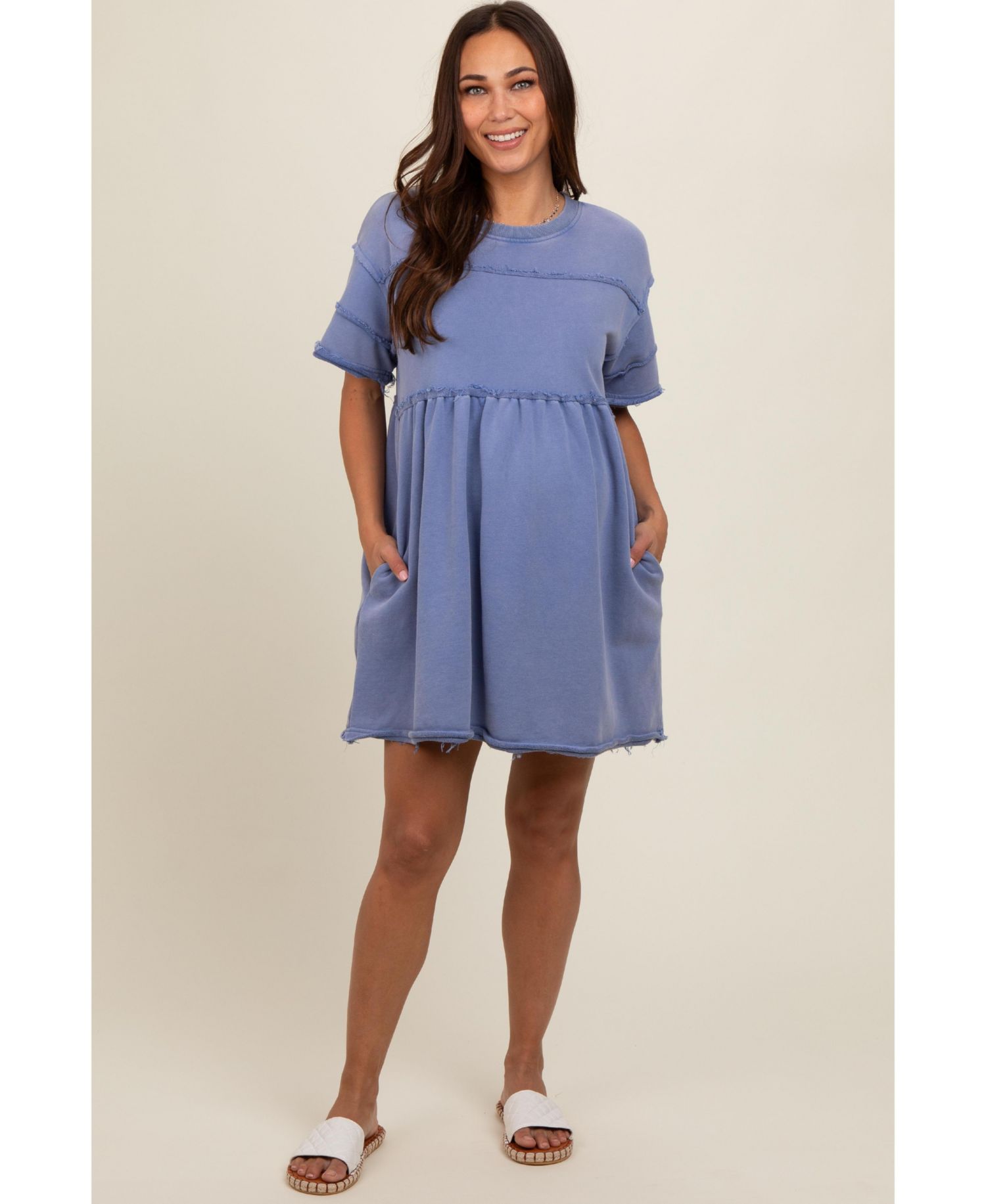 Women's Blue Raw Hem Short Sleeve Dress