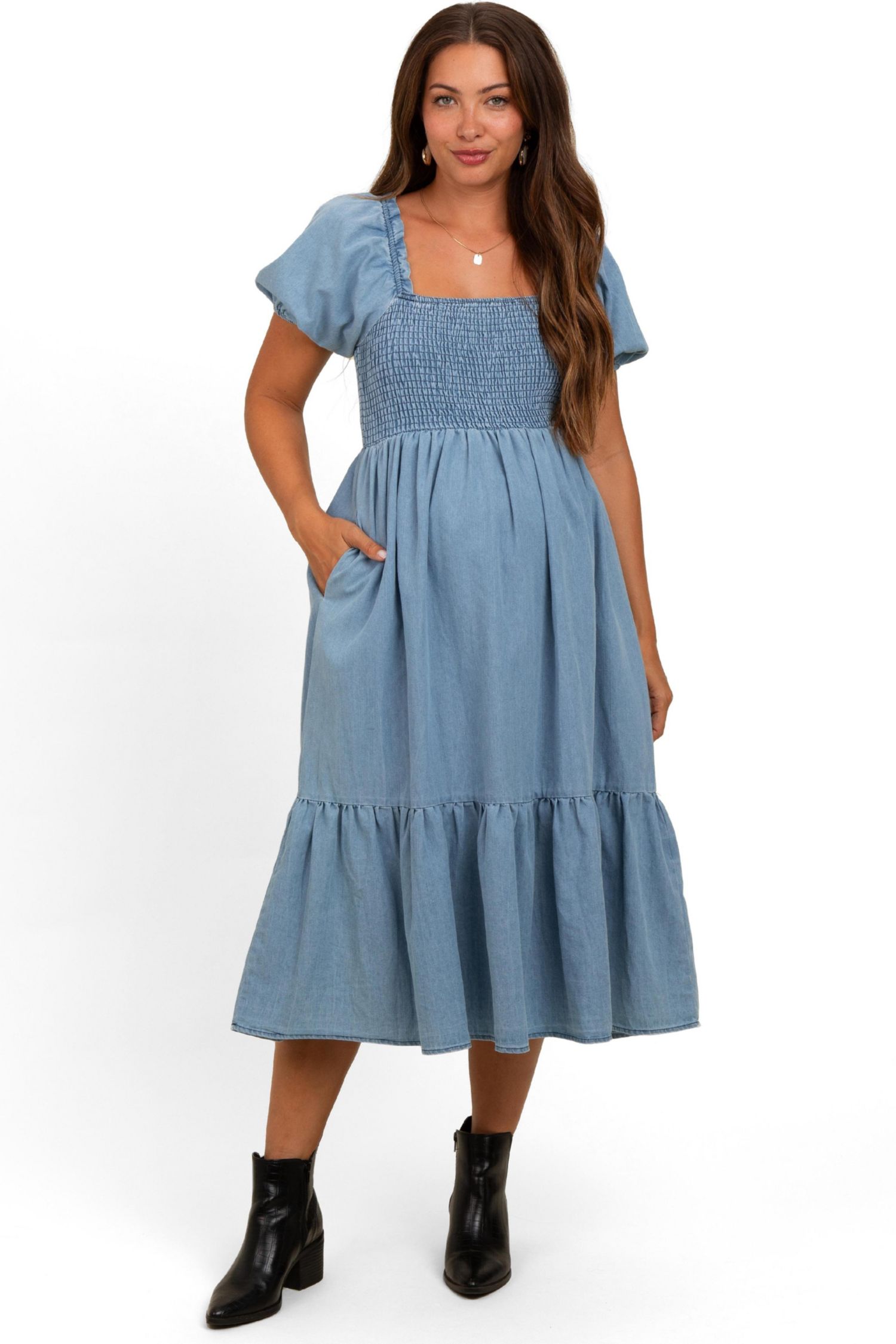 Women's Light Blue Vintage Wash Chambray Smocked Midi Dress