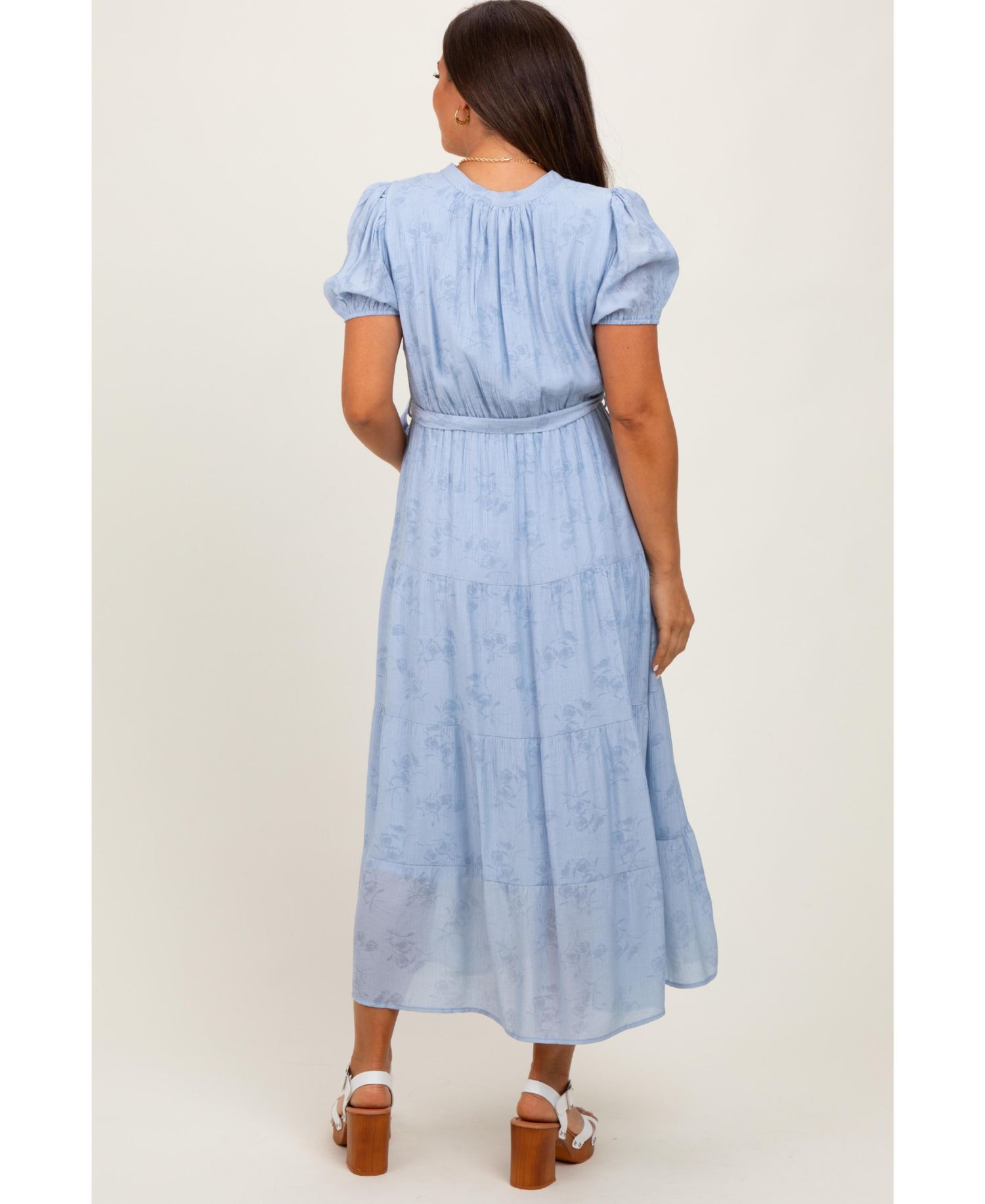 Women's Light Blue Split Neckline Tiered Midi Dress