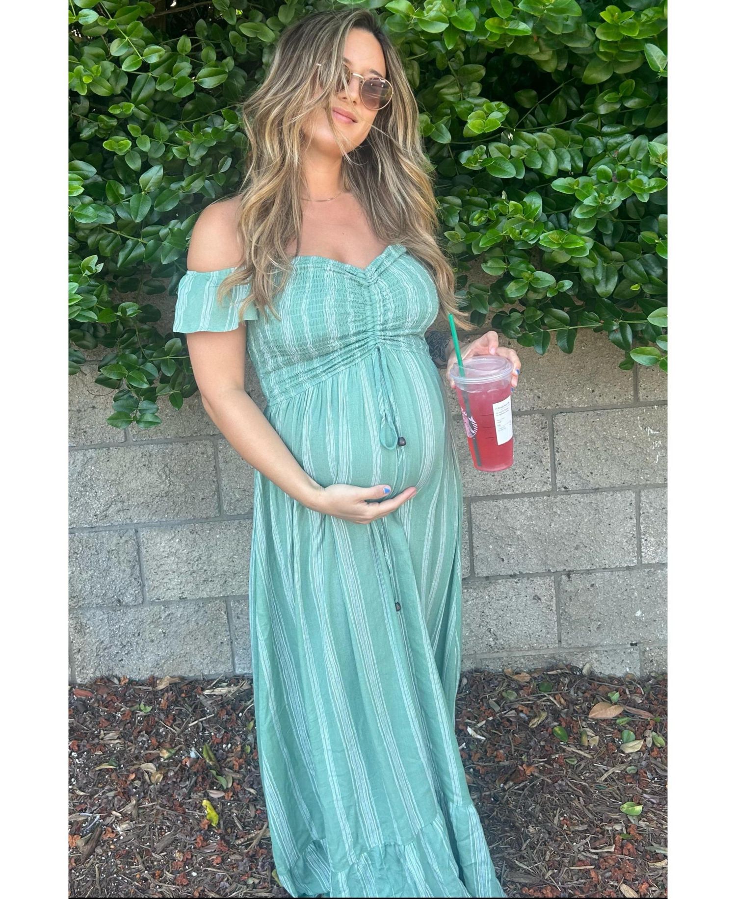 Women's Green Striped Off Shoulder Front Tie Maxi Dress
