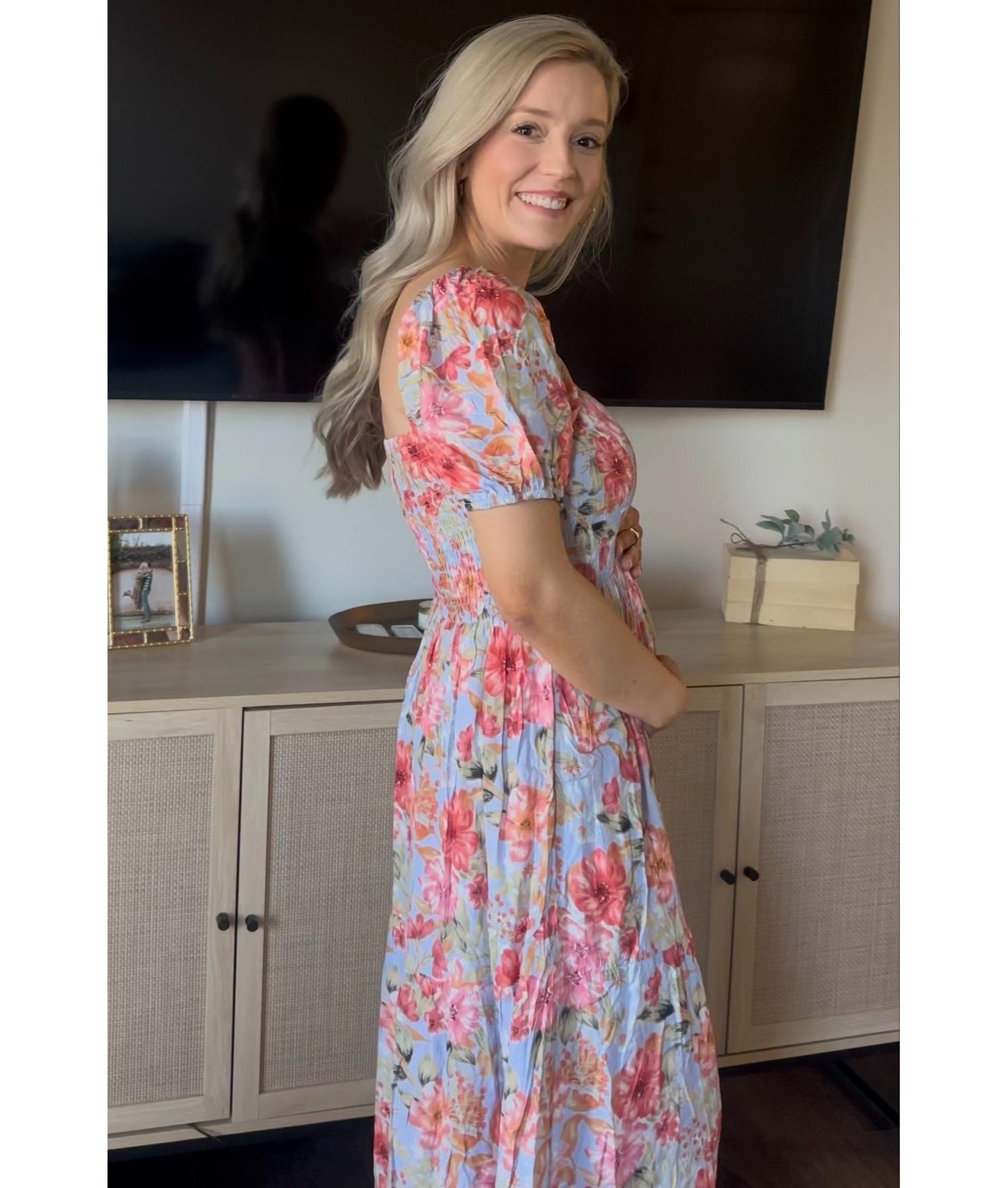 Women's Blue Floral Smocked Square Neck Tiered Maxi Dress