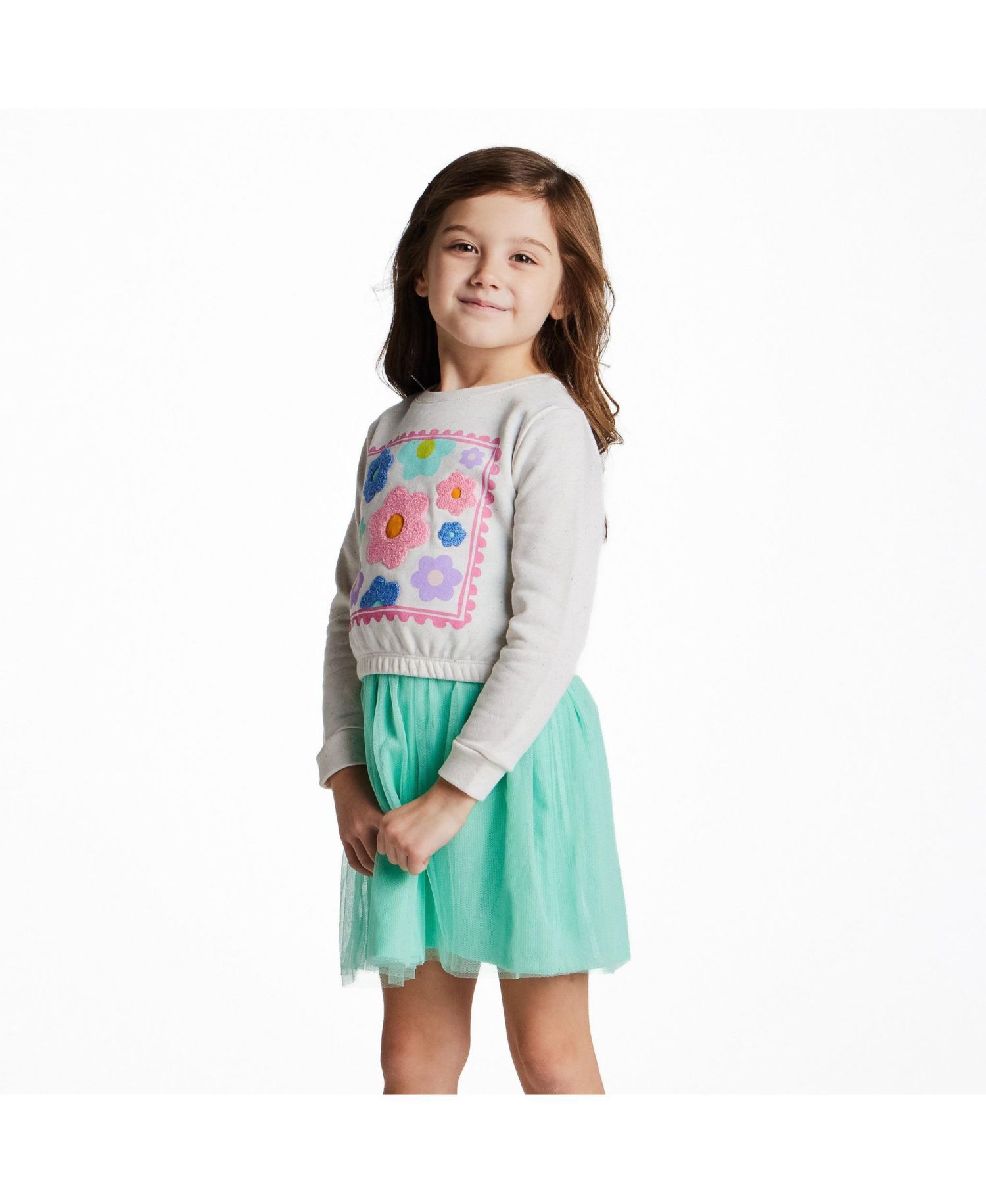 Little Girls Aqua Chenille Floral Sweatshirt and Tulle Tank Dress Set