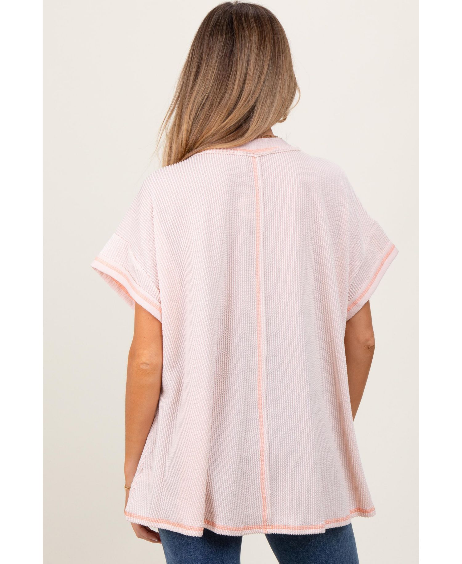 Women's Striped Ribbed V-Neck Oversized Short Sleeve Top
