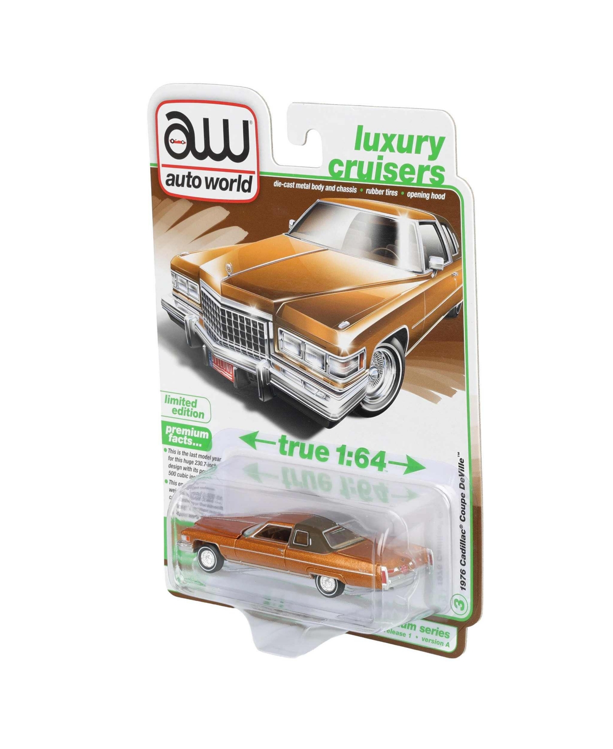 Auto World 1/64 1976 Cadillac Coupe DeVille, Amberlite Firemist Poly, Luxury Cruisers Series