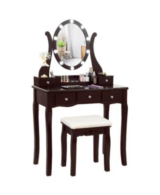 Dimmable LED Vanity Table Set with Cushioned Stool, 5 Drawers and 360-Degree Mirror