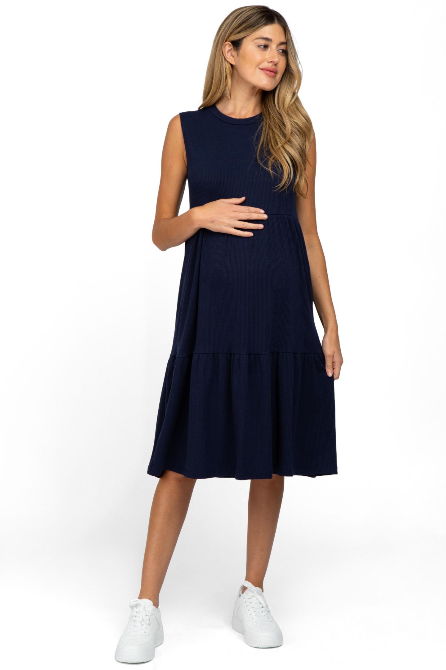 Women's Navy Ribbed Sleeveless Midi Dress