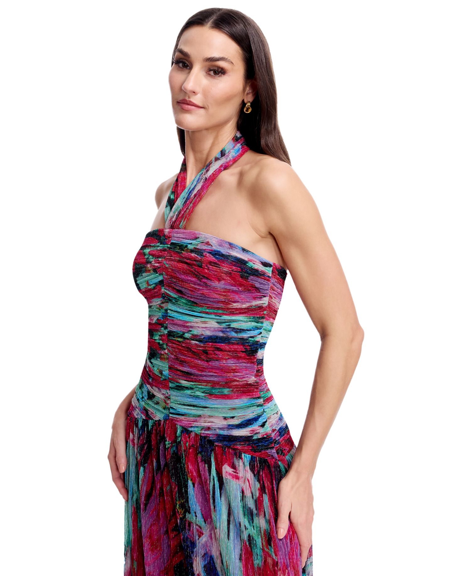 Women's Printed Halter Neck Ruched Drop Waist Gown