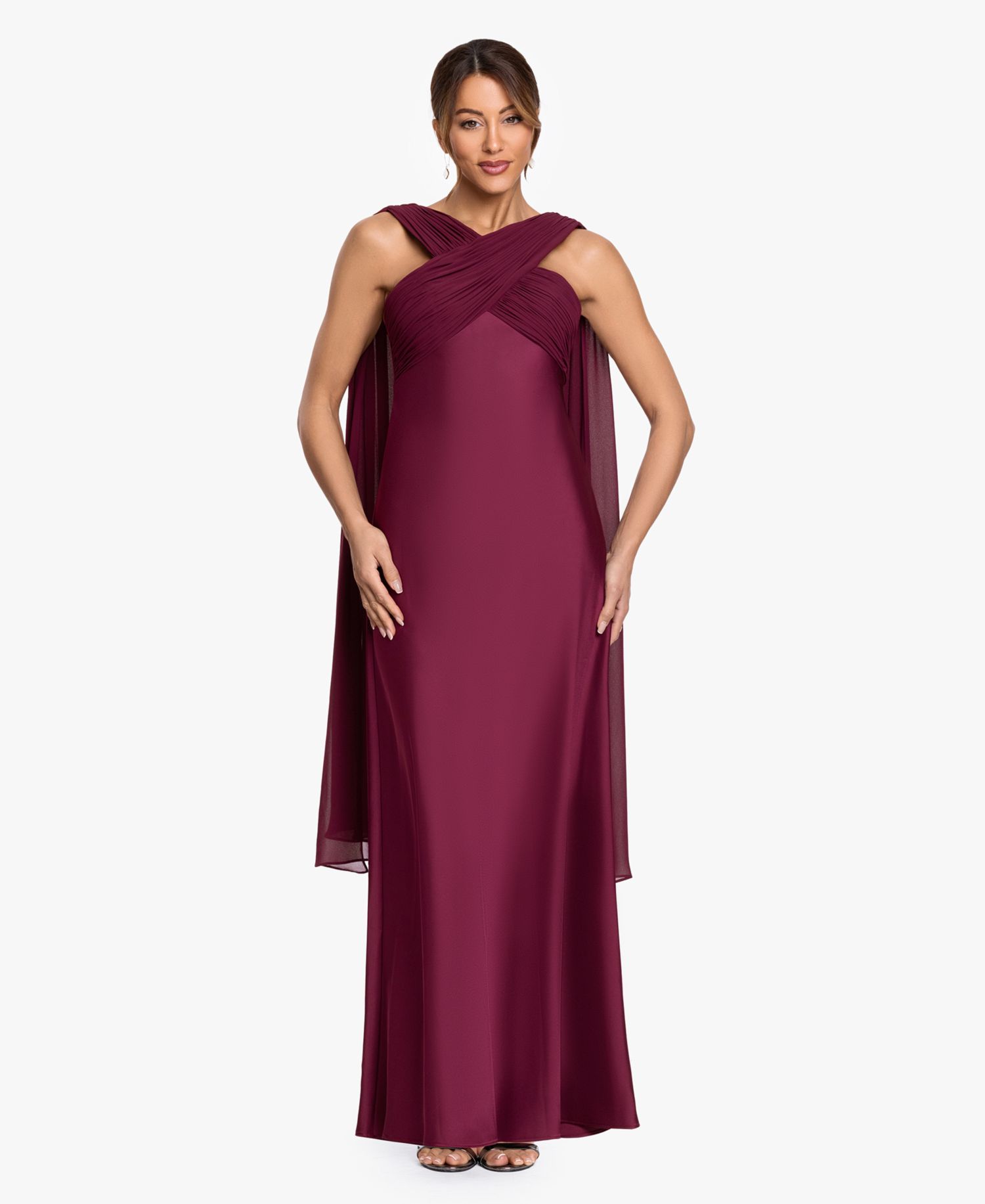 Petite Criss Cross Halter Neck Chiffon Cape Ball Gown