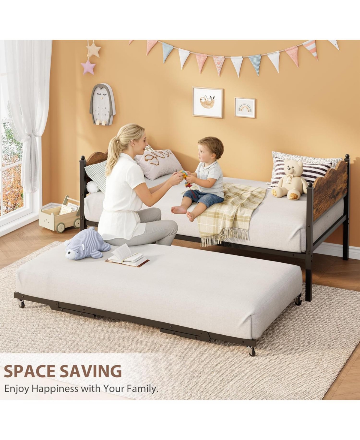 gaomon Daybed with Trundle, Day Bed Metal Slat Support & Lockable Casters, Wavy Headboard Wood Grain, Space-Saving Sofa