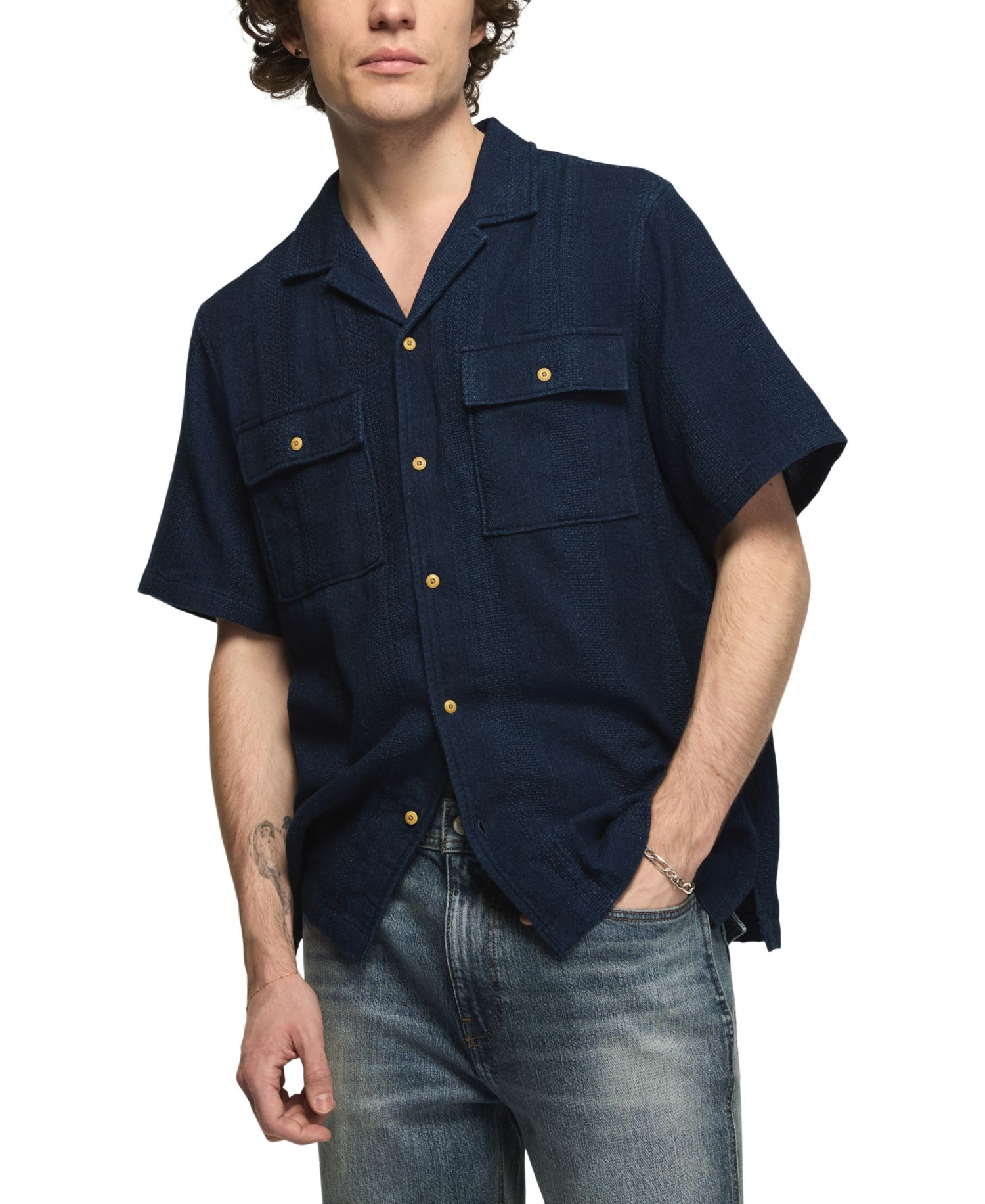 Men's Textured Indigo Short-Sleeve Shirt