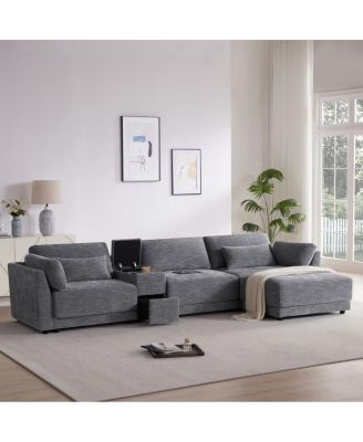 L-Shaped Sectional Sofa with Storage Console, Charger, Ottoman, Wider Cushion