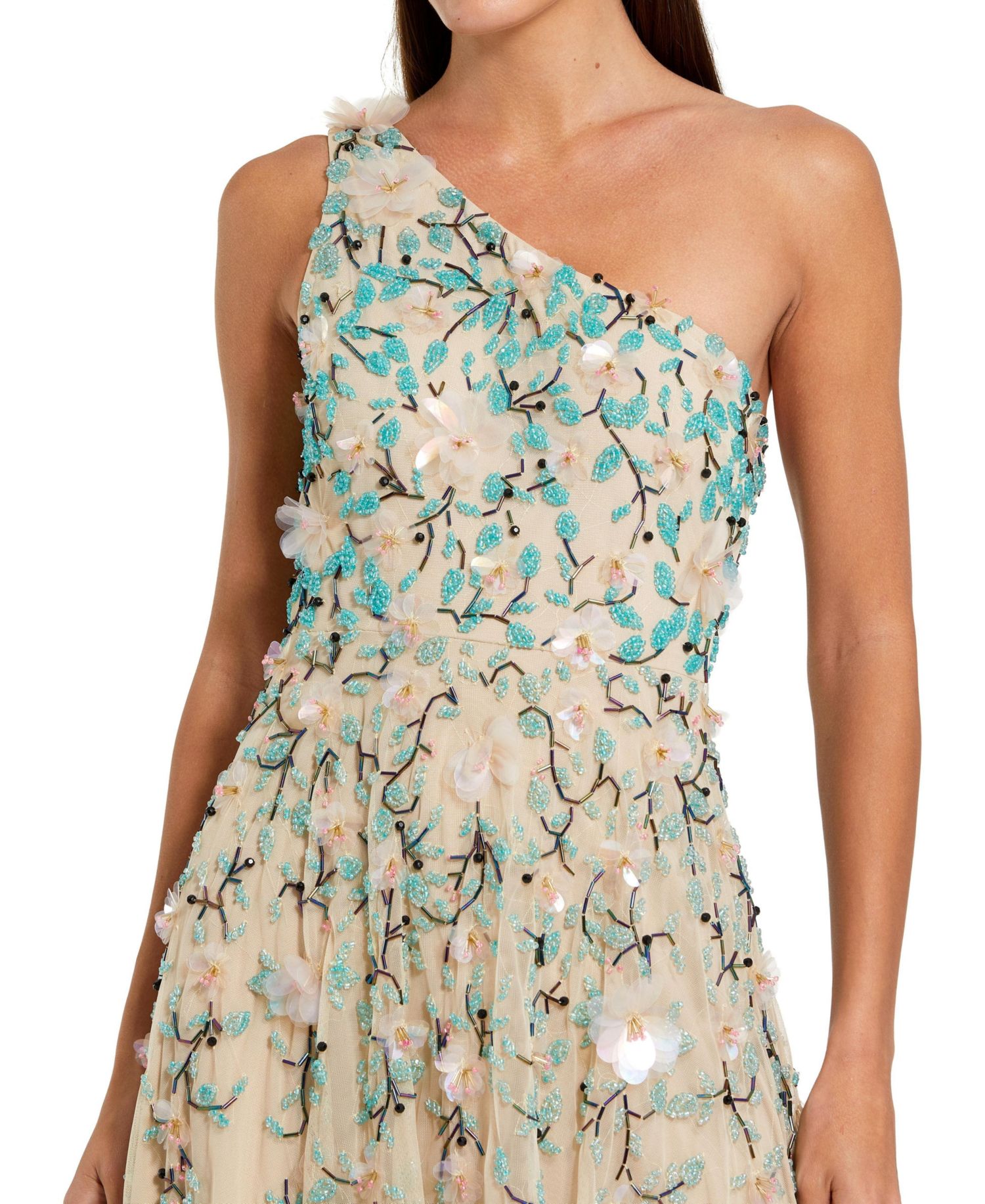 Women's Floral Embellished Mesh One Shoulder Midi Dress