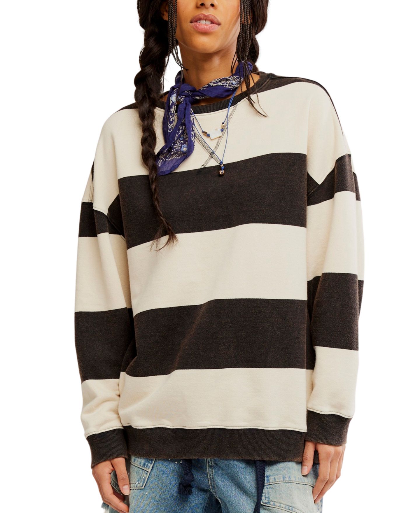 Женский топ Free People Classic Crewneck Stripe Oversized Top, цвет: Чёрный комбинированный — фото 4