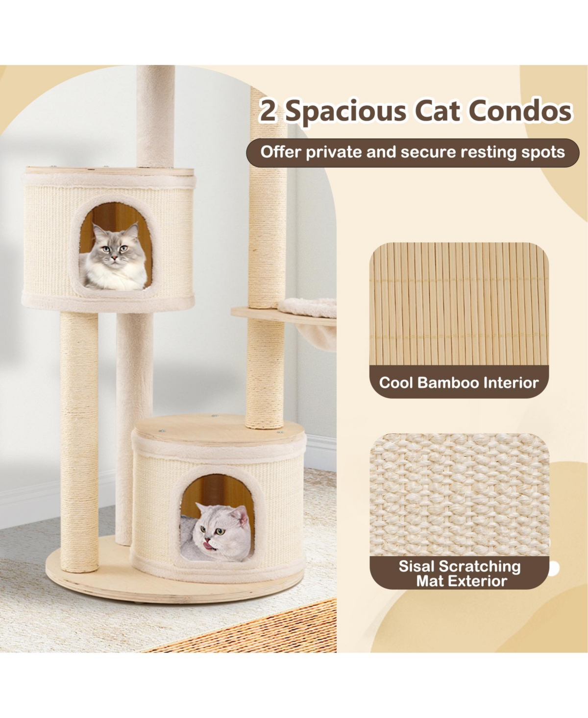Gymax 60'' Tall Cat Tree Wooden Kitten Tower With Sisal Scratching Posts and Mat 2 Condos Perch Hammock