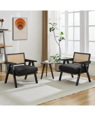Mid Century Modern Accent Chair, Comfy Living Room Chairs with Sturdy Wood Legs, Rattan Backrest Thick Linen Cushion