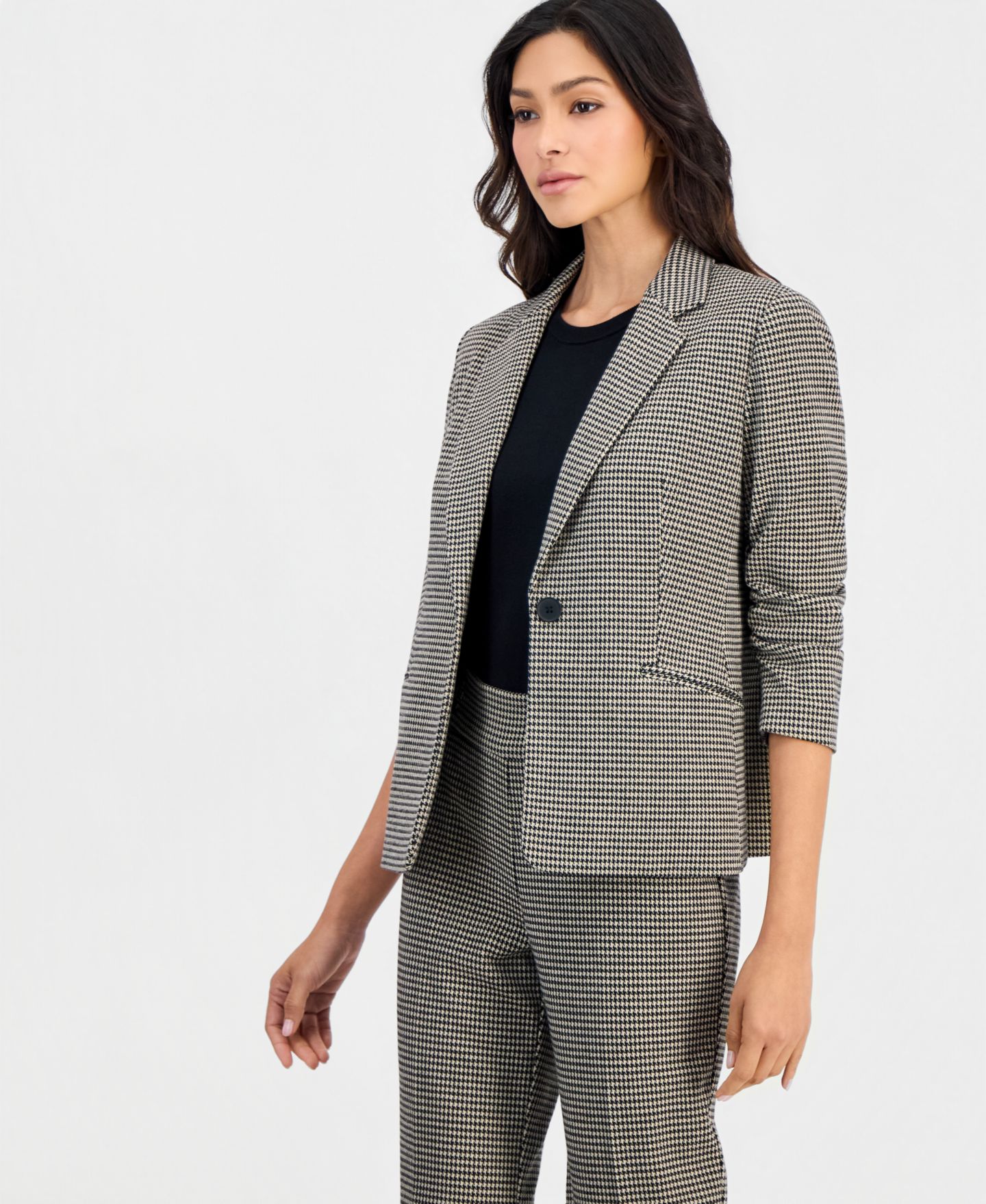 Женский пиджак Anne Klein Essentials Petite Houndstooth Scrunch-Sleeve Blazer, цвет: Чёрный — фото 3