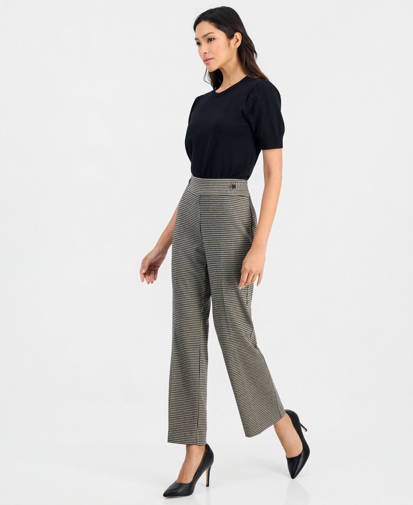 Женские брюки Anne Klein Essentials Petite Houndstooth Pull-On Mid-Rise Trouser, 28-1/2" Inseam, цвет: Чёрный — фото 3
