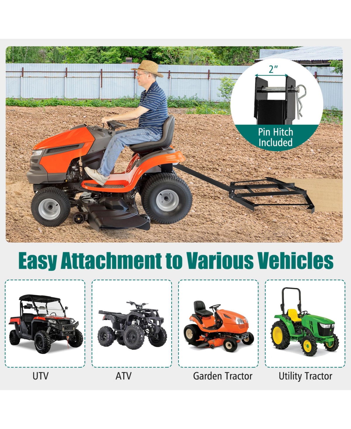 Sugift 66" Wide Driveway Drag Tow Behind Landscape Leveling Rake with Reinforced Bars