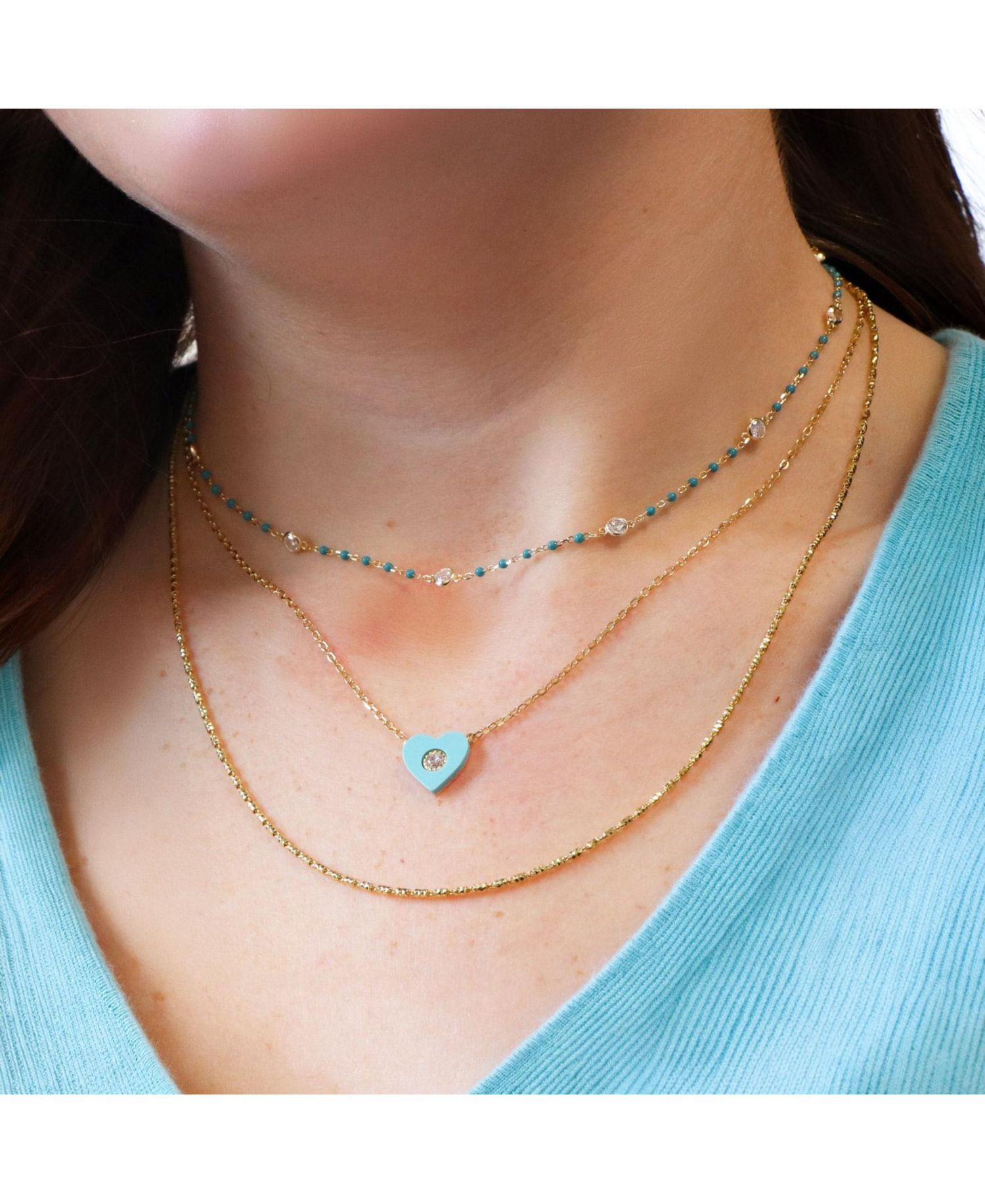 Turquoise CZ Single Heart Necklace 14K Gold-Plated Sterling Silver