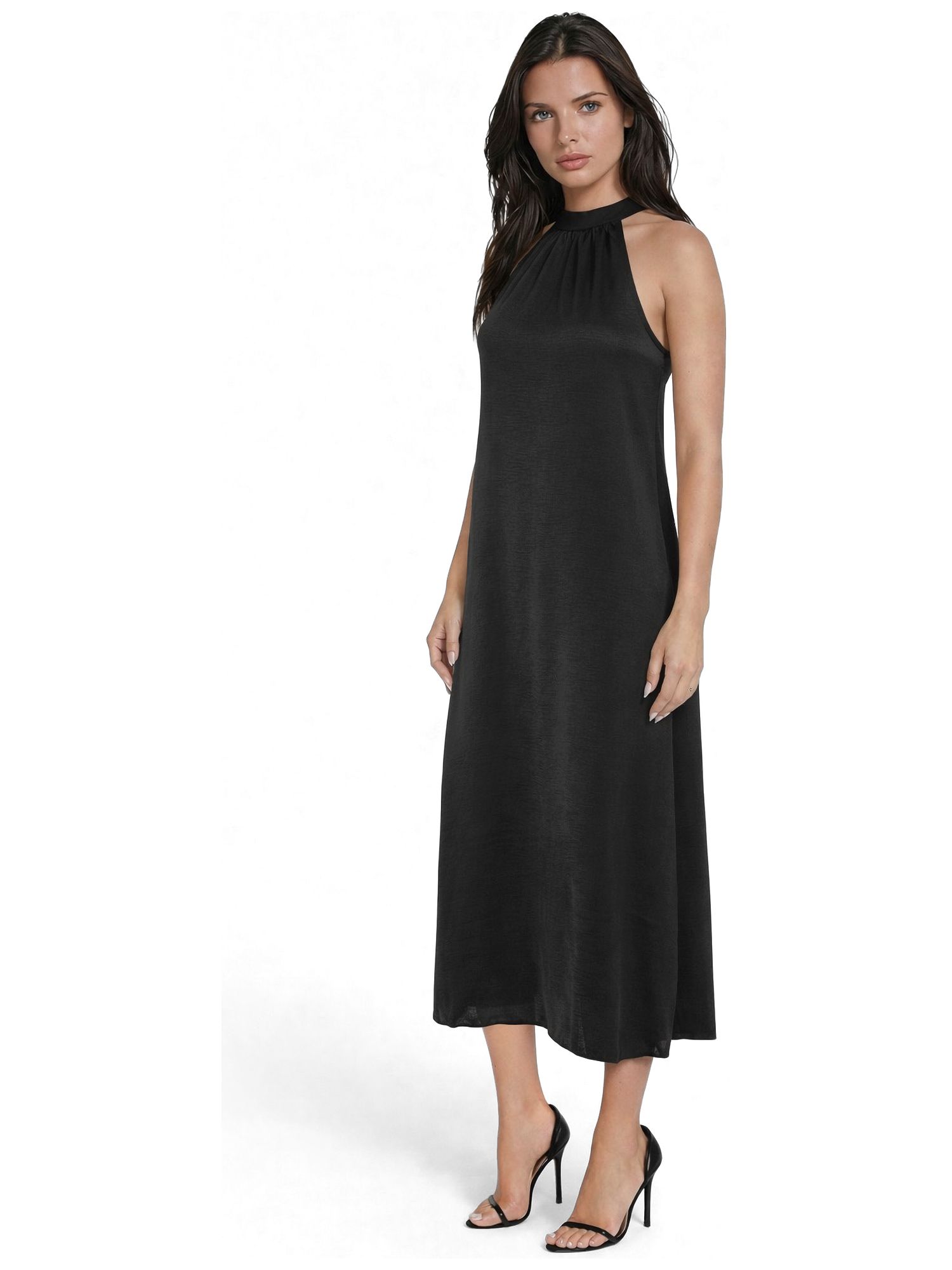 Women's Crushed Satin Mock Neck Maxi Dress