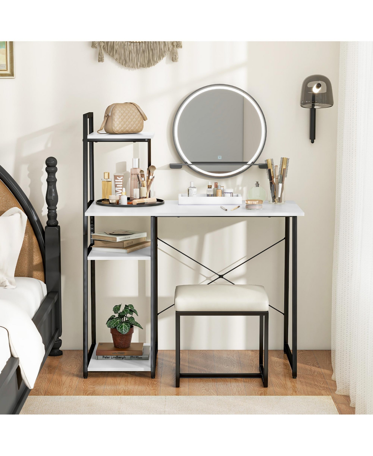 Gymax Computer Desk w/ Shelves 3-Tier Storage Bookshelf Ladder-shaped Metal Frame