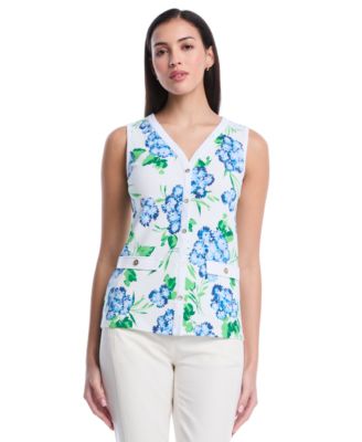 Petite Pom Floral Print Button-Front Sleeveless Tank Top