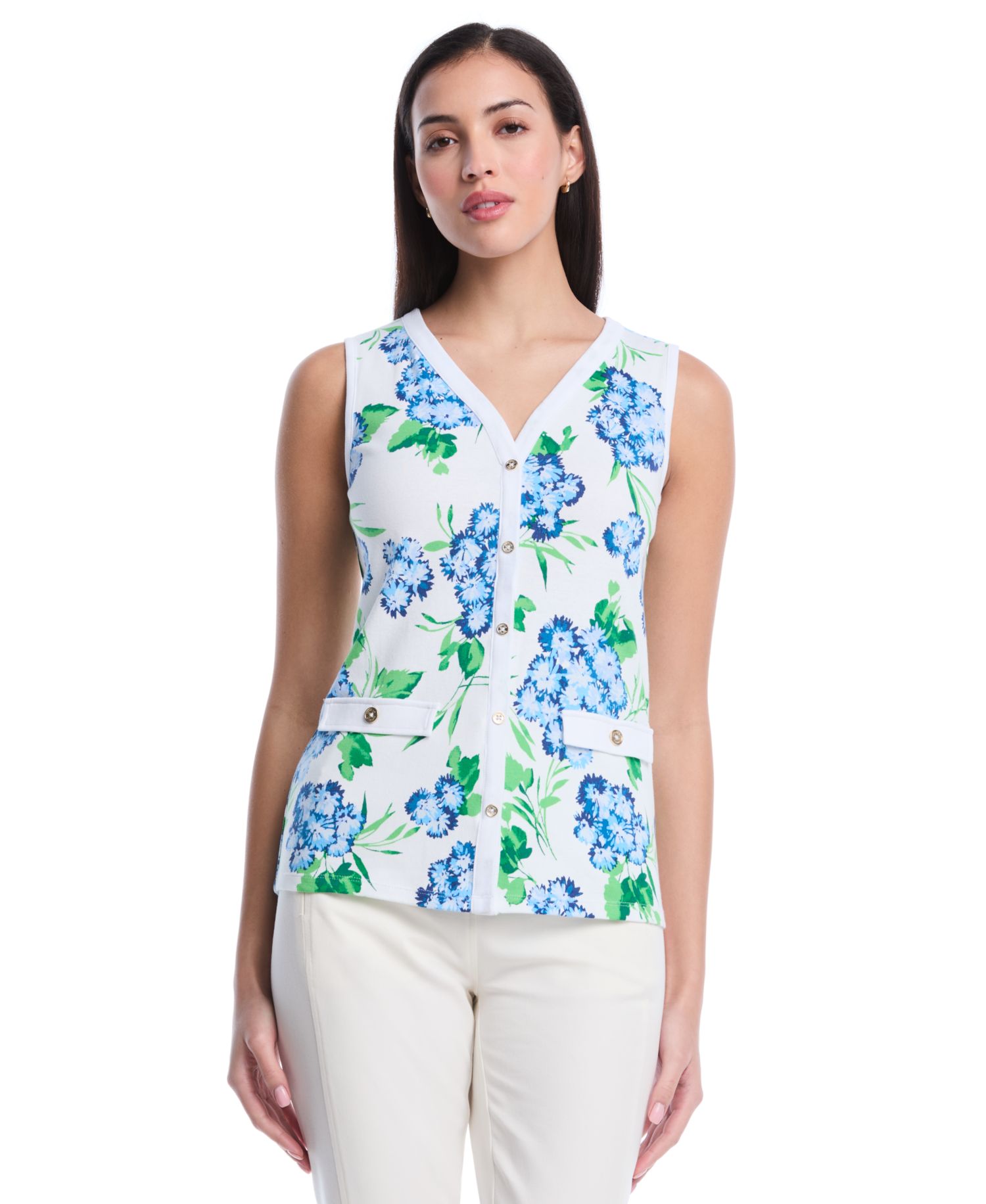 Petite Pom Floral Print Button-Front Sleeveless Tank Top