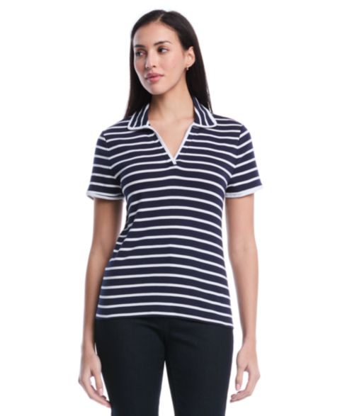 Женское поло Rafaella Petite Striped Contrast Trim Johnny Collar Short-Sleeve Polo, цвет: Peacoat
