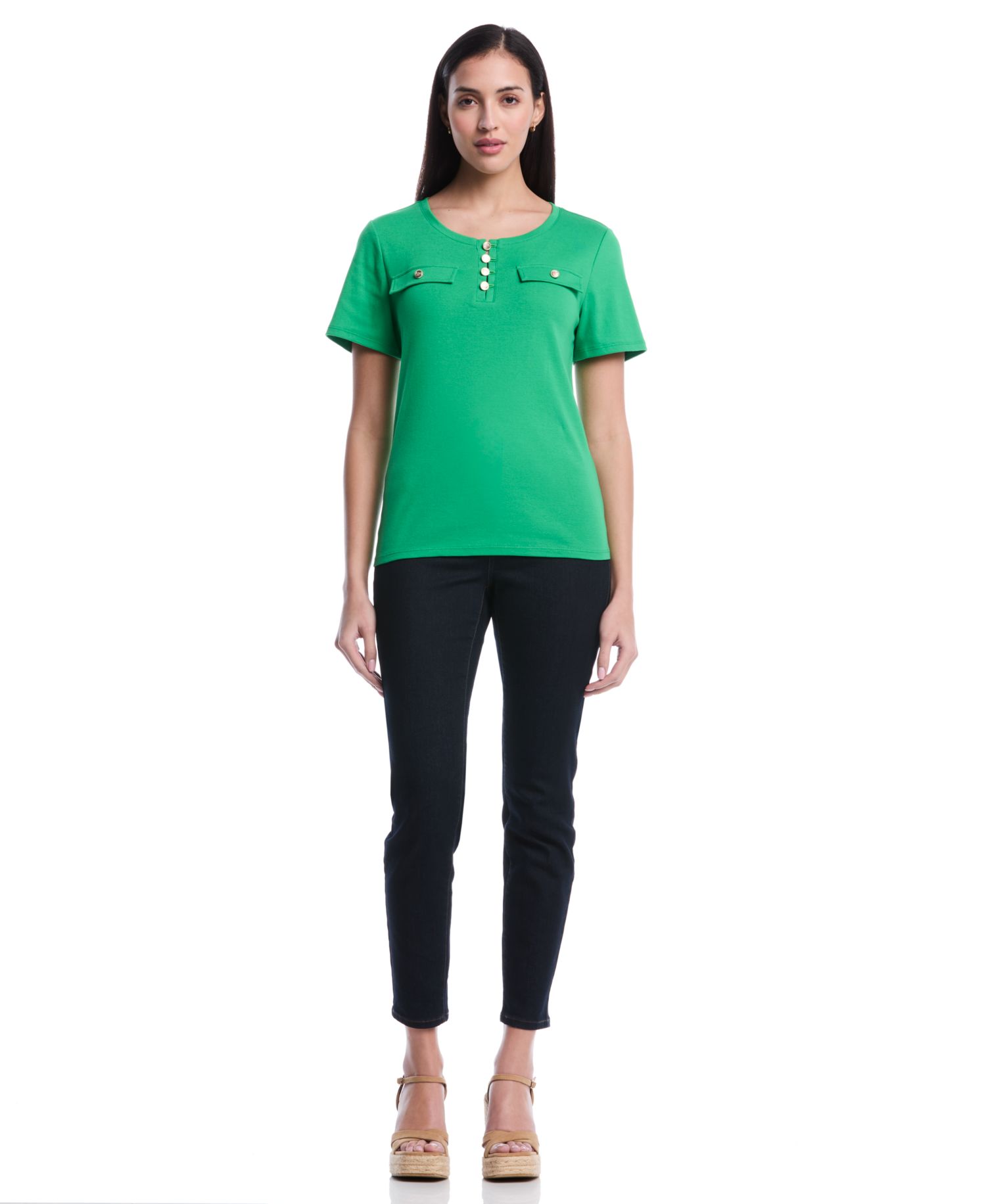 Petite Welt Pocket Button Detail Short-Sleeve Top