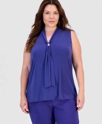 Plus Size Scarf-Neck Sleeveless Blouse