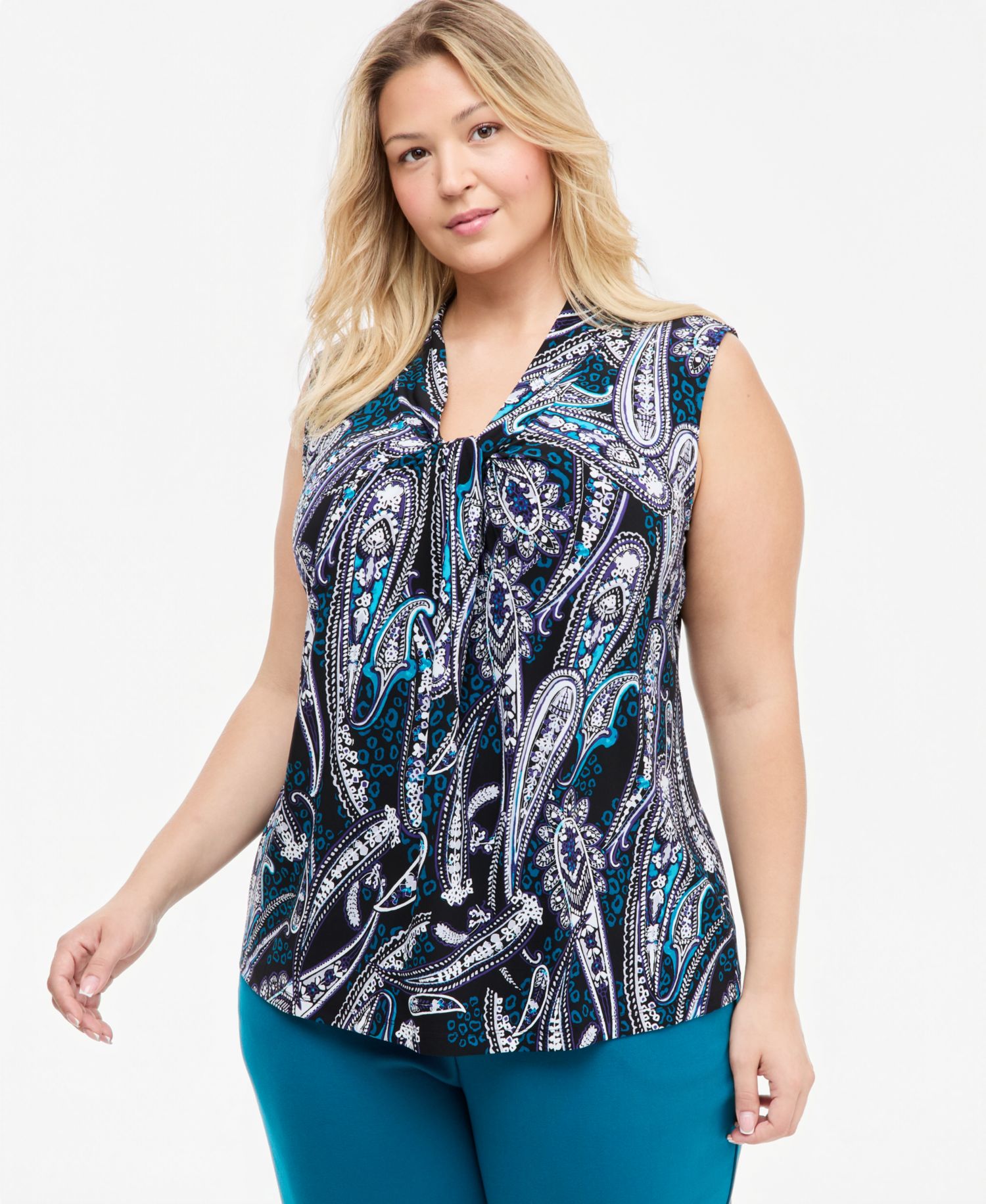 Plus Size Knot Front Sleeveless V-Neck Paisley Blouse