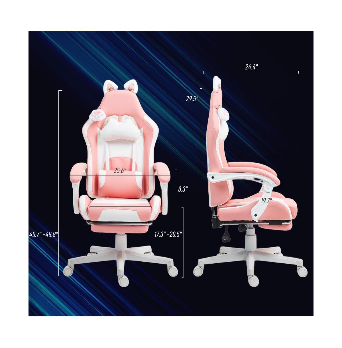 Flynama Cute Cat Style Gaming Chair with Footrest,Faux Leather Gamer Chair