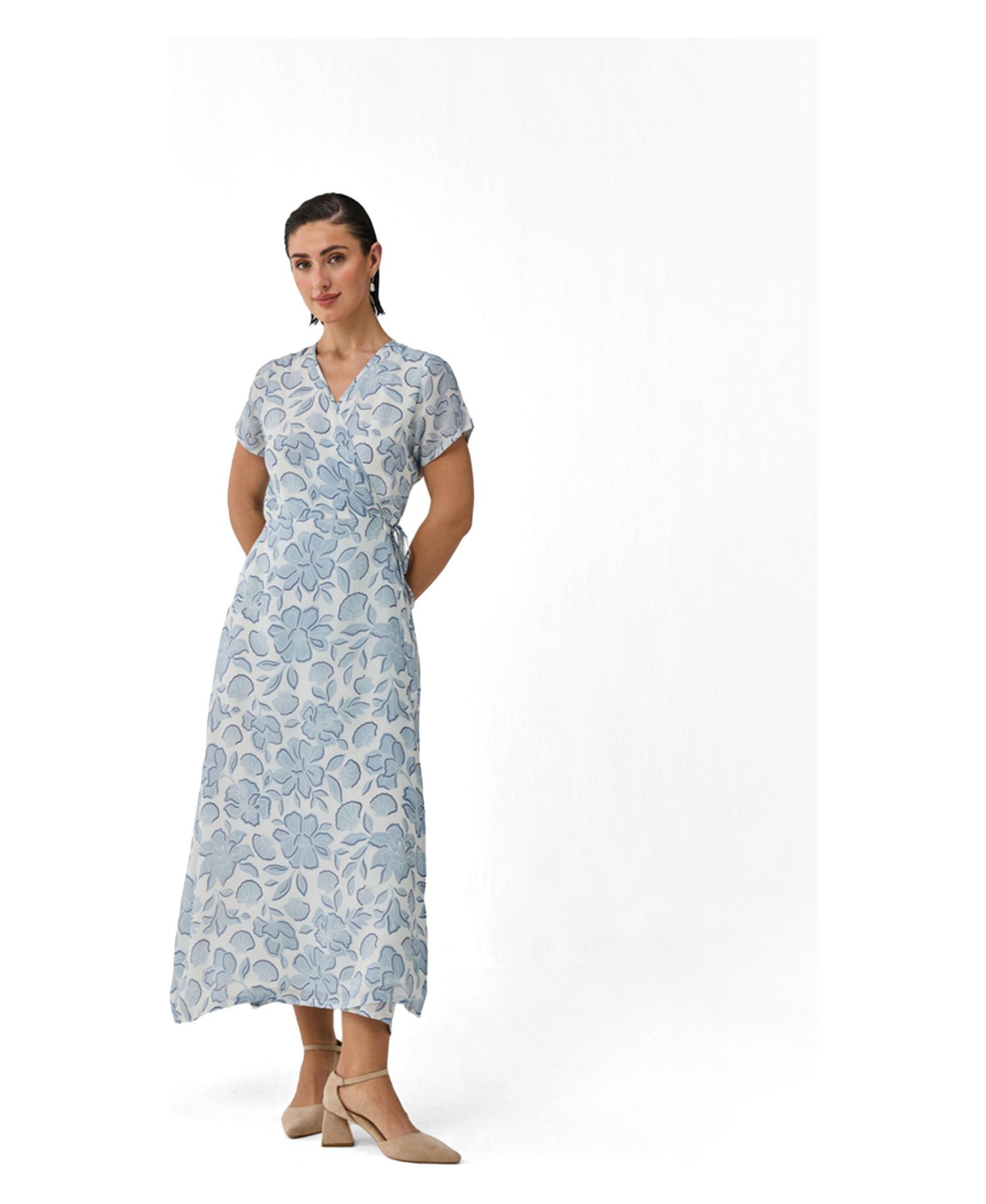 Women's Floral Print Tie Waist Wrap Maxi Dress