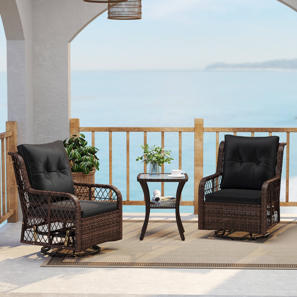 Costway 3 Piece Patio Furniture Set with 2-Tier Side Table and Cushions for Porch