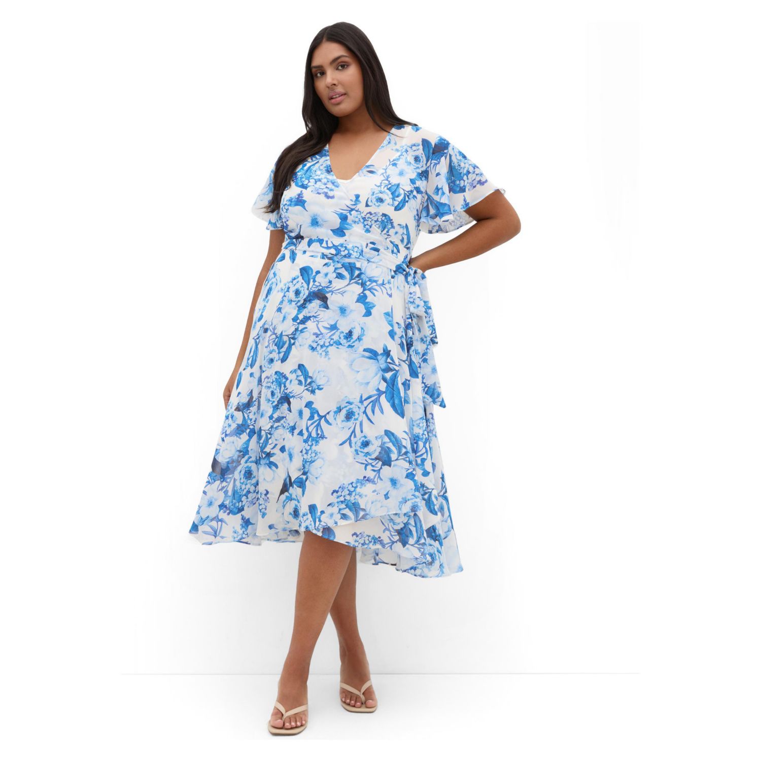 Plus Size Short Sleeve Bluebell Print Wrap Midi Dress
