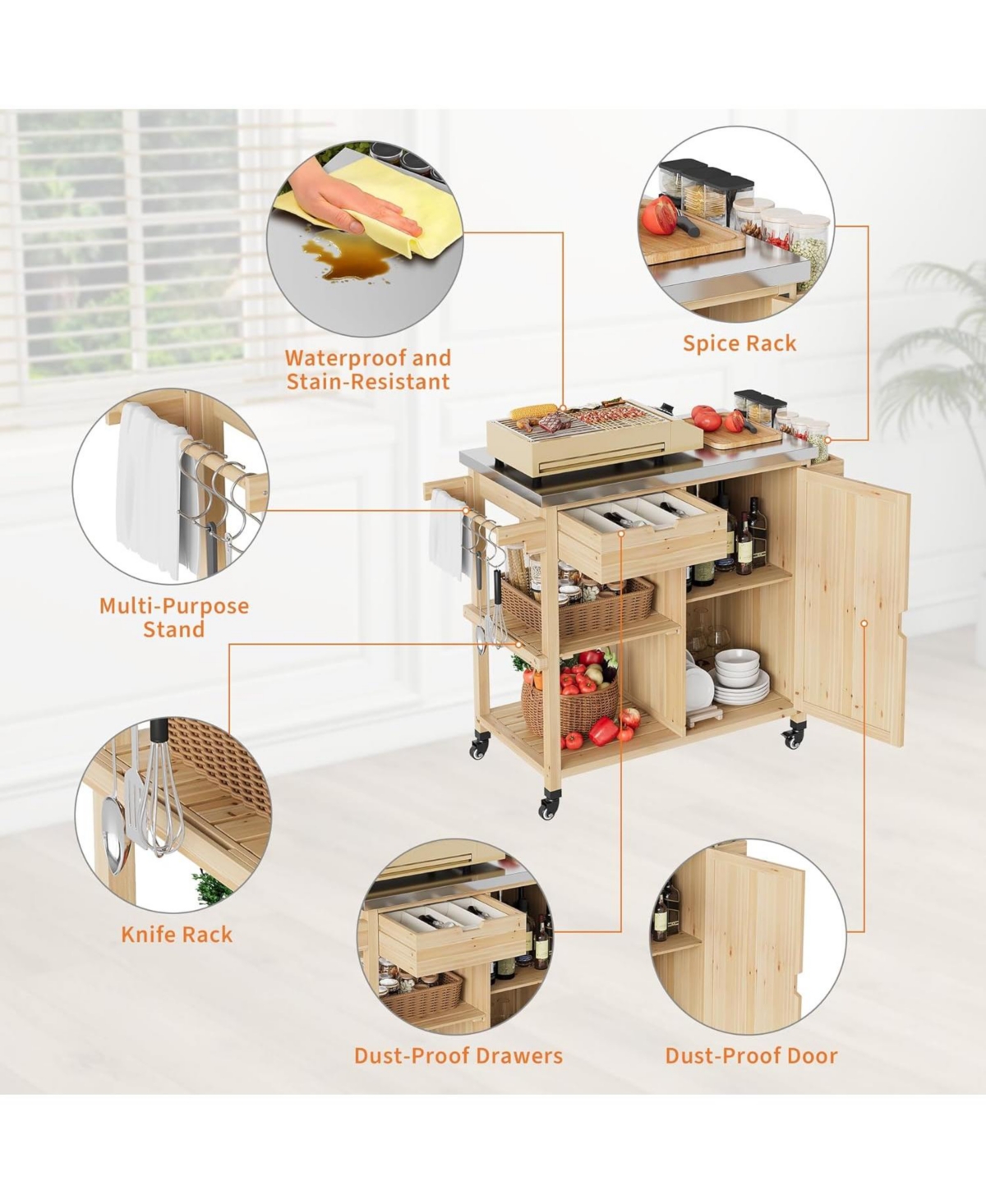 Xo Outdoor Grill Cart with Wheels, Solid Wood Bbq Station, Stainless Steel Top, Storage Rack for Patio