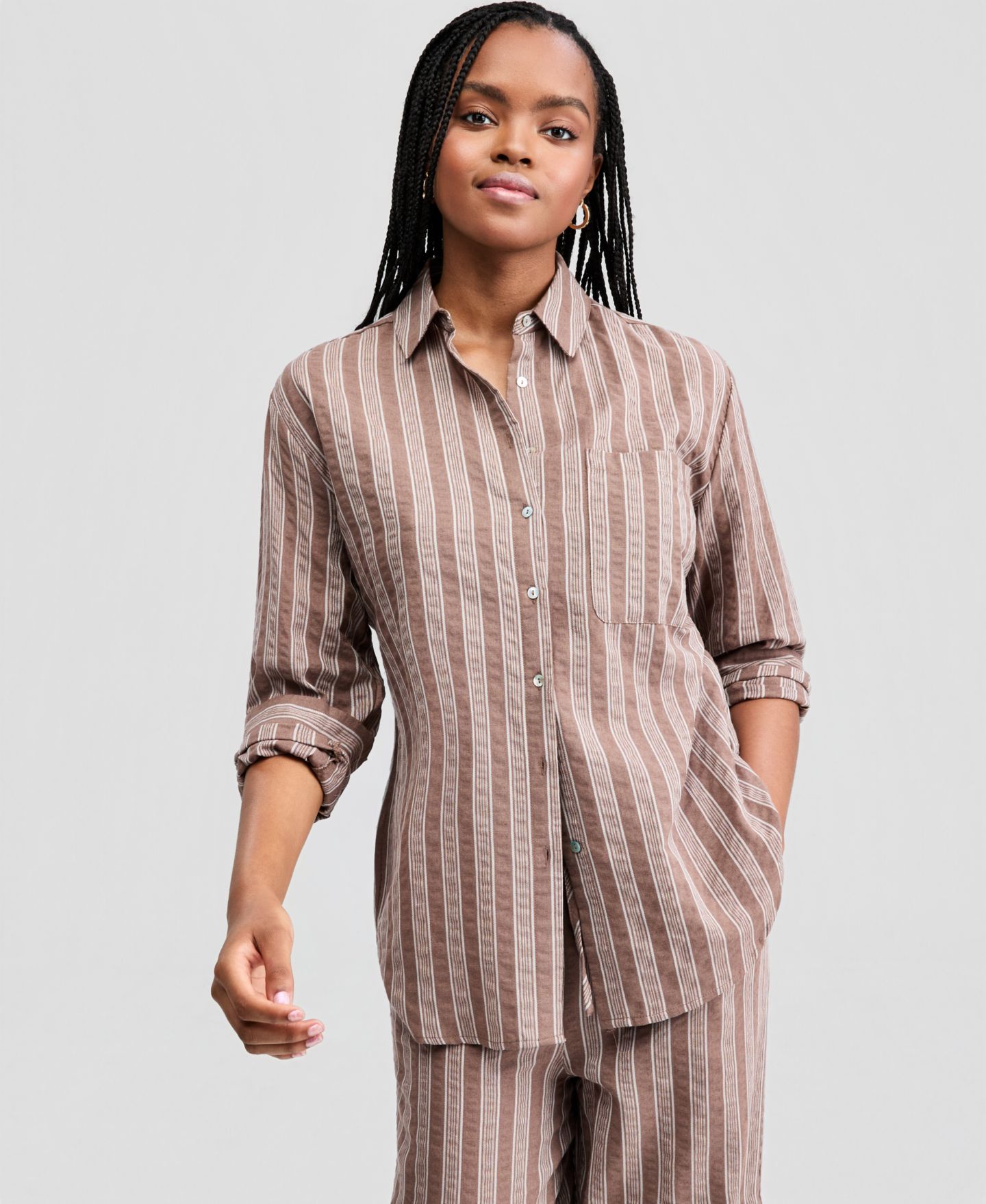 Женская рубашка And Now This Petite Oversized Stripe Collared, цвет: Коричневый полосатый — фото 1