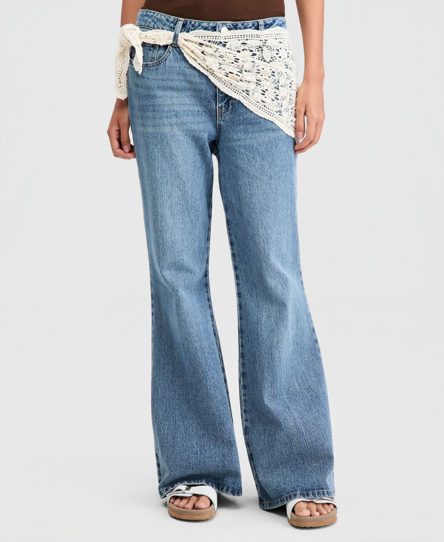 Petite Crocheted-Scarf Flare Jeans