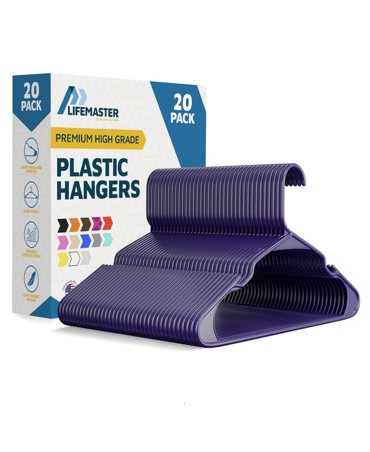 Lifemaster heavy-duty plastic hangers with non-slip grooves, space-saving design