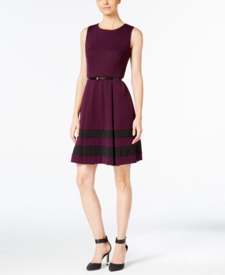 Calvin Klein Belted Colorblocked Fit & Flare Dress - Dresses - Women ...