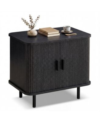 End Table Modern Mid Century Nightstand with Sliding Tambour Doors and Storage Shelf