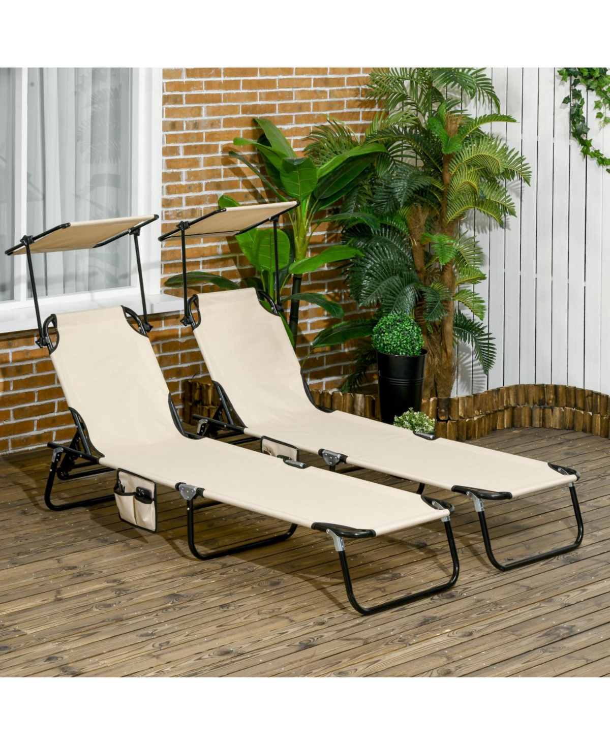 ECHTPeak Folding Chaise Lounge Pool Chairs, Outdoor Sun Tanning Chairs with Canopy Shade, Reclining Back, Steel Frame and Side Pocket