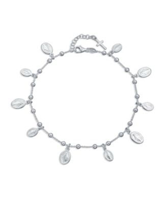 Religious Virgin Mary Medallion Dangle Charms Anklet Ankle Bracelet .925 Sterling Silver 10 Inch