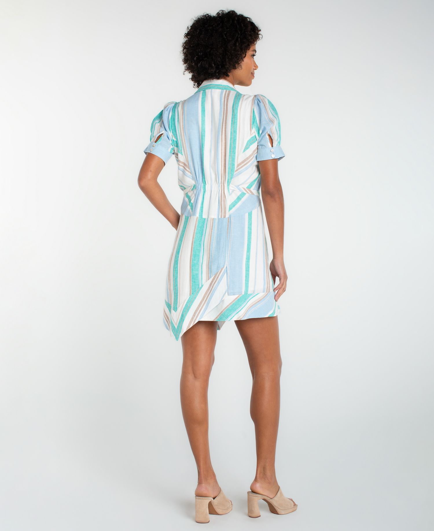 Women's Short-Sleeve Asymmetrical Hem Woven Shirt-Dress