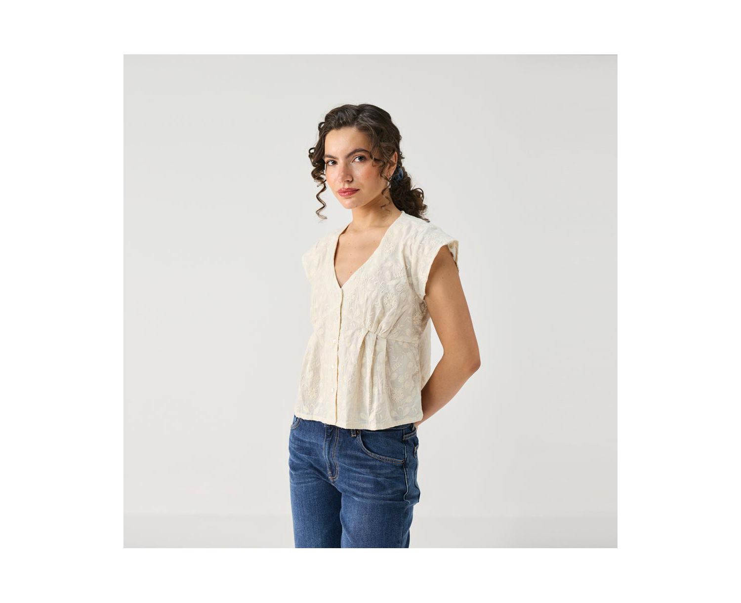 Women's Cream Embroidered Deep V-Neck Top