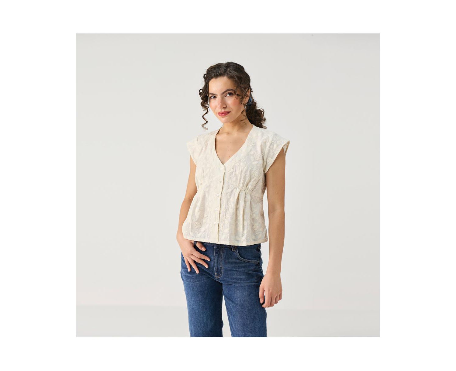 Women's Cream Embroidered Deep V-Neck Top