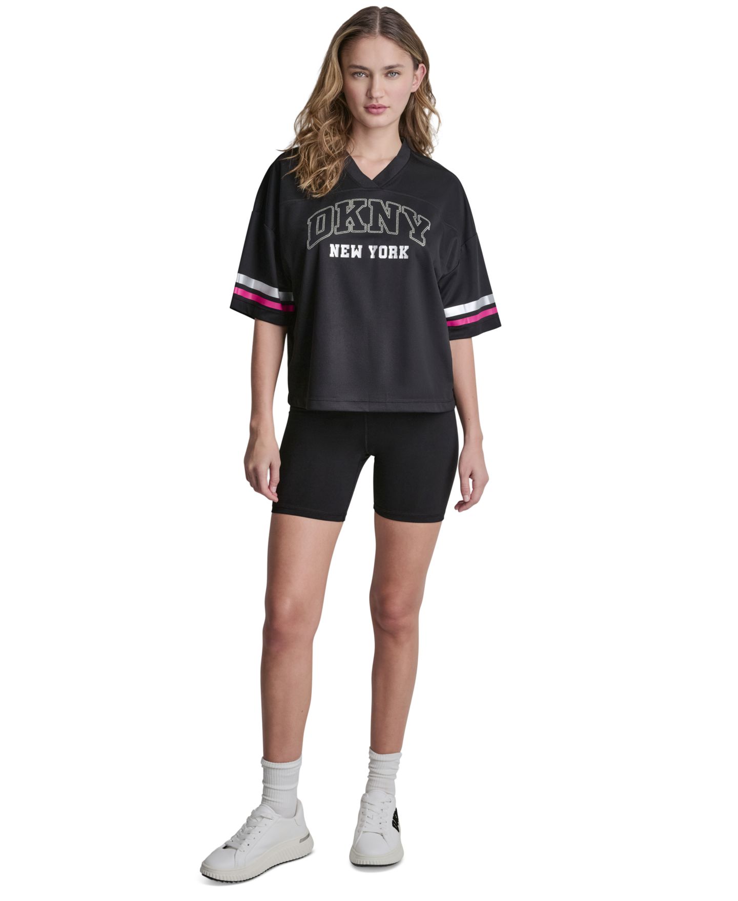 Женское спортивное джерси DKNY Sport Varsity с V-образным вырезом и стразами, цвет: Чёрный — фото 2