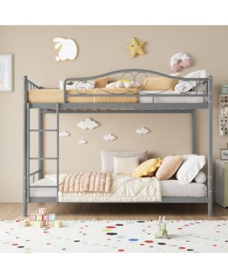 Twin Over Twin Metal Bunk Bed with Guardrails and Side Ladder, Steel Frame Space-Saving Bed for Kids Bedroom or School